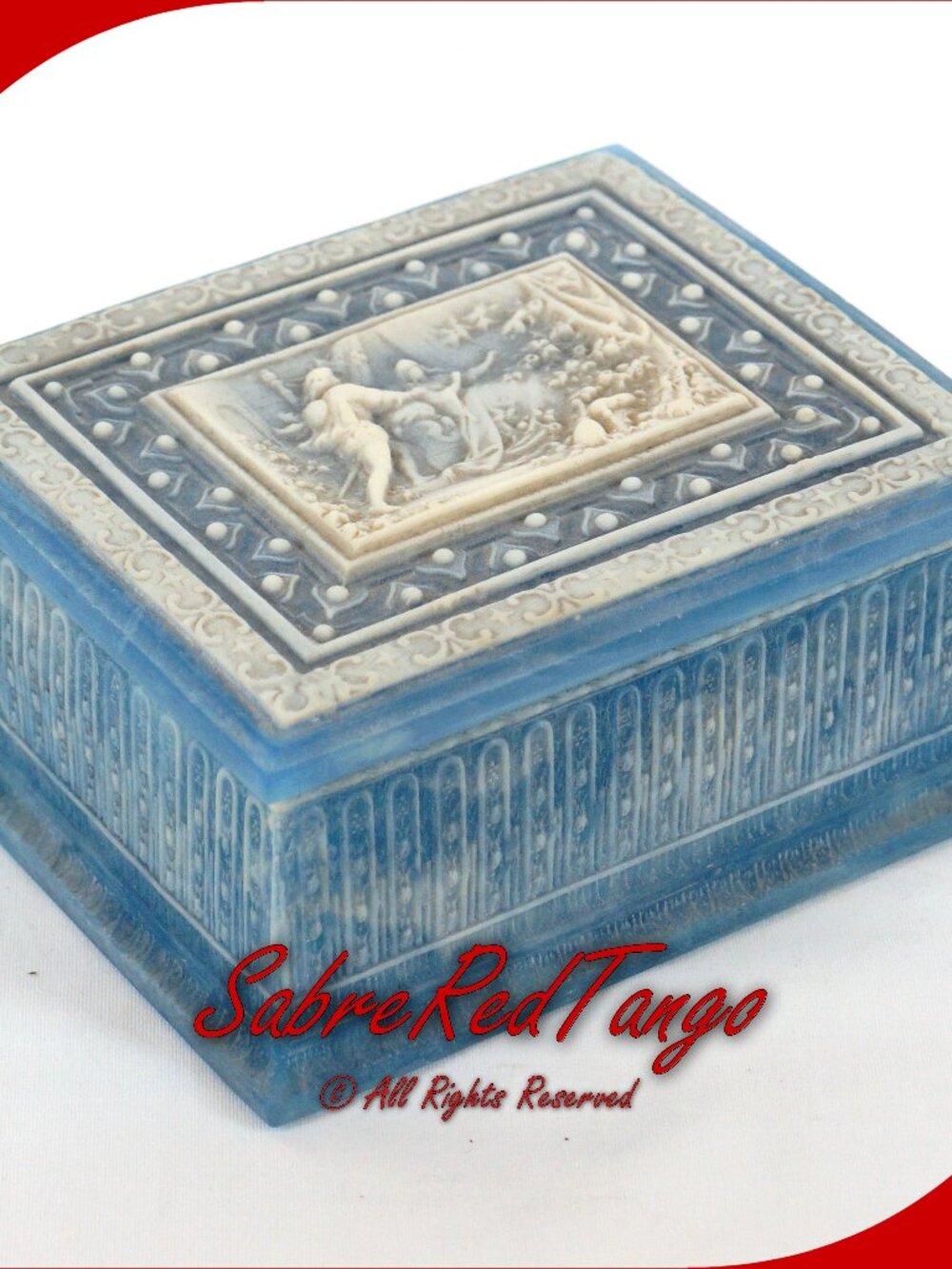 Vintage Incolay Stone Jewelry Trinket Box Blue White Romeo Juliet